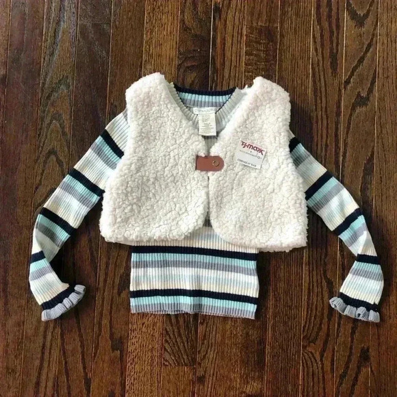 Cynthia Rowley Girls 4/4T Beige Sherpa Vest w/Striped Ribbed Long-Sleeve Tee NWT - Picture 1 of 8